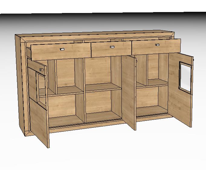 Illustration eines modernen Sideboard-Schranks mit mehreren offenen Fächern, Schubladen und Türen, aus hellem Holz.