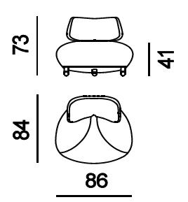 Skizze eines Lounge-Sessels mit Abmessungen: 73 cm Höhe, 41 cm Sitzhöhe, 84 cm Tiefe, 86 cm Breite