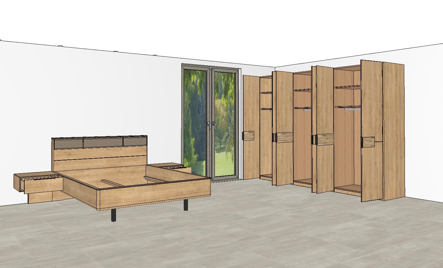 sechstüriger brauner Kleiderschrank und Bett mit Nachtschränken als Planungsbild einem modernen Raum