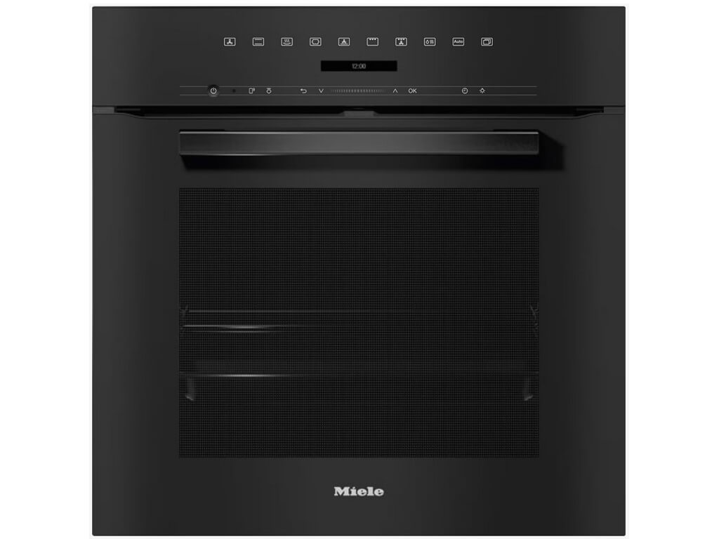 Vorderansicht eines schwarzen Miele Einbaubackofens. Das Gerät hat ein minimalistisches Design mit einem Glasfenster und einem schwarzen Griff. Im oberen Bereich ist das Bedienfeld mit der Uhrzeit.