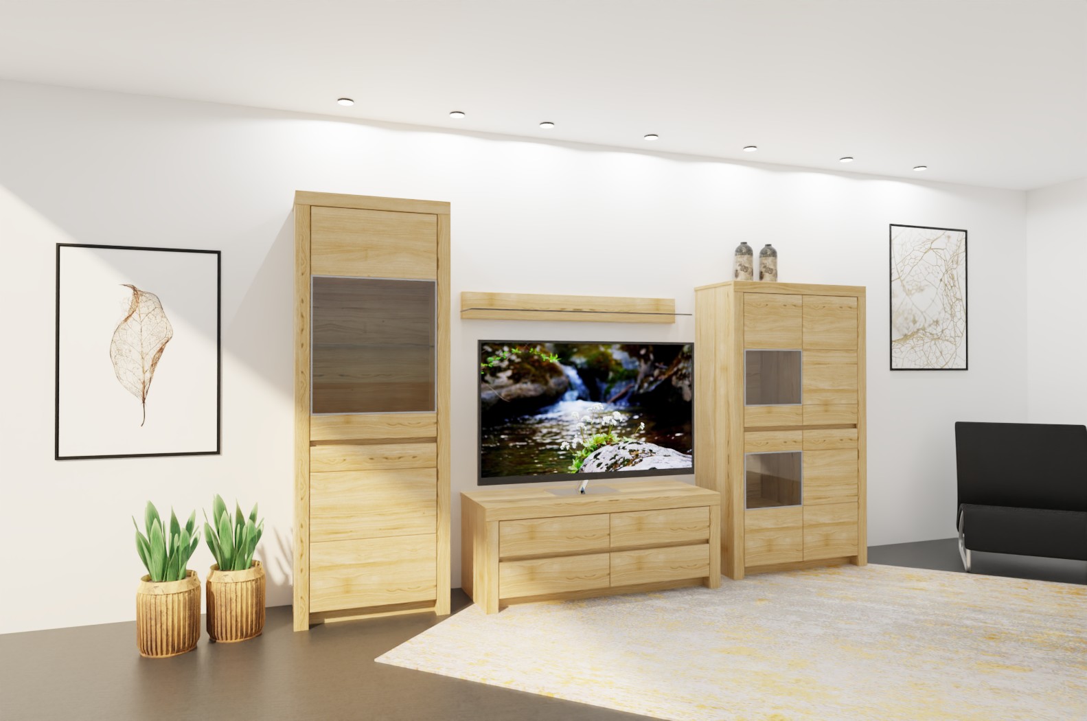 Wohnzimmer mit modernen Möbeln aus Holz, inklusive Vitrinen, TV-Schrank und Dekoration in hellem skandinavischem Stil