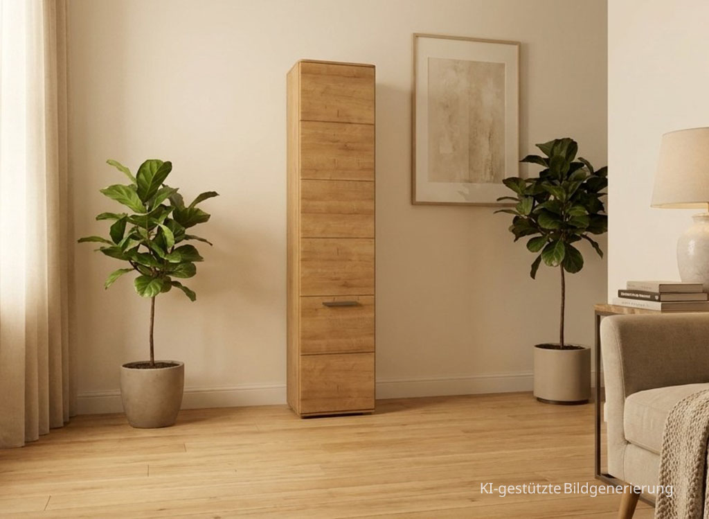 Moderner brauner Hochschrank mit markantem Griff stilvoll dekoriert in einem modernen Zimmer, Bild KI generiert