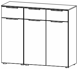 Illustration einer Kommode mit 3 Schubladen und 3 Türen vor weißem Hintergrund