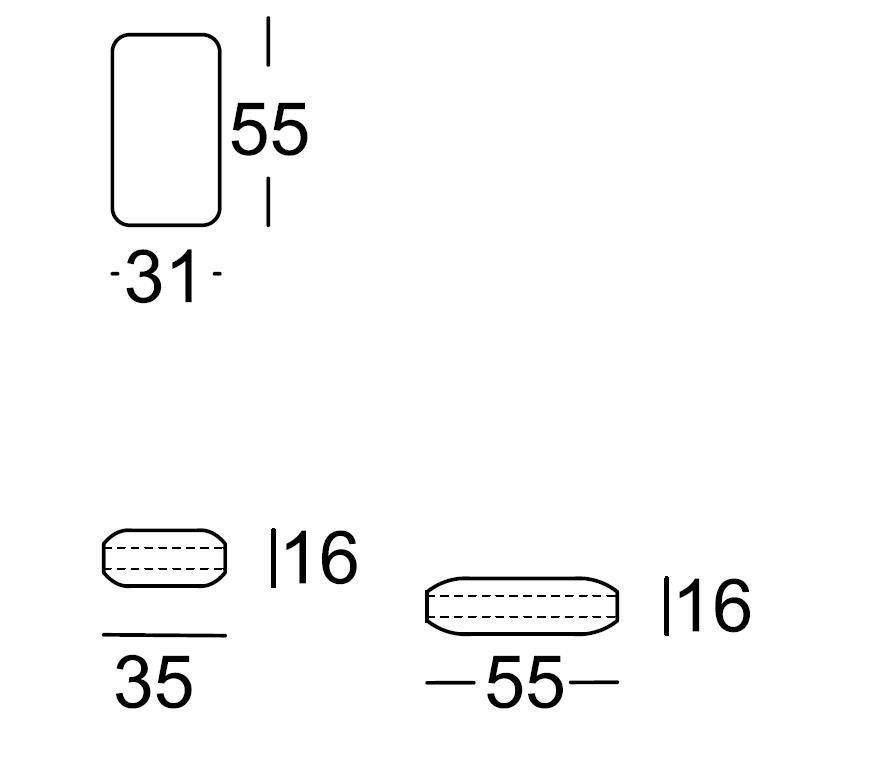 Technische Zeichnung zeigt rechteckige und ovale Formen mit Abmessungen 55x31 mm und 35x16 mm