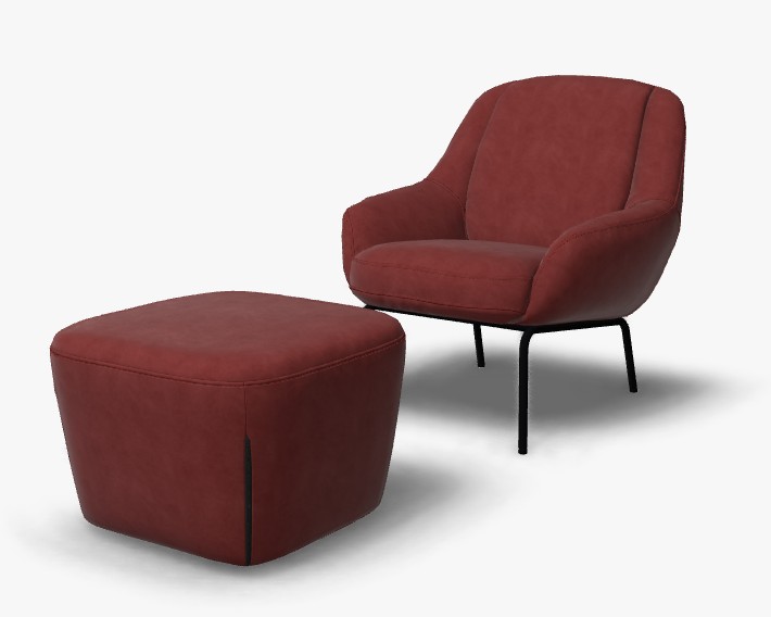 Sessel set mit einem hocker in rot und Sessel mit schwarzem gestell vor weißem hintergrund