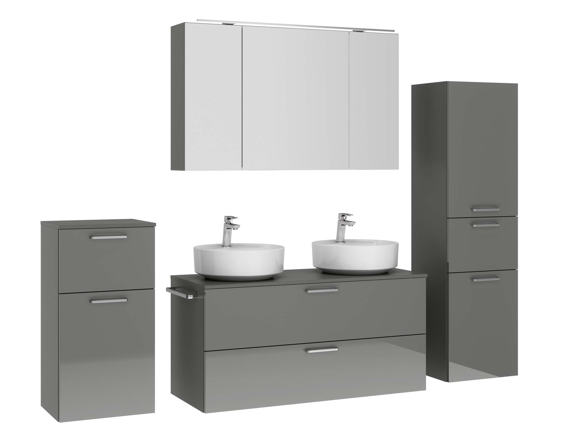 Badezimmermöbel-Set 3 Schränke grau mit Waschtisch und Spiegelschrank nobilia