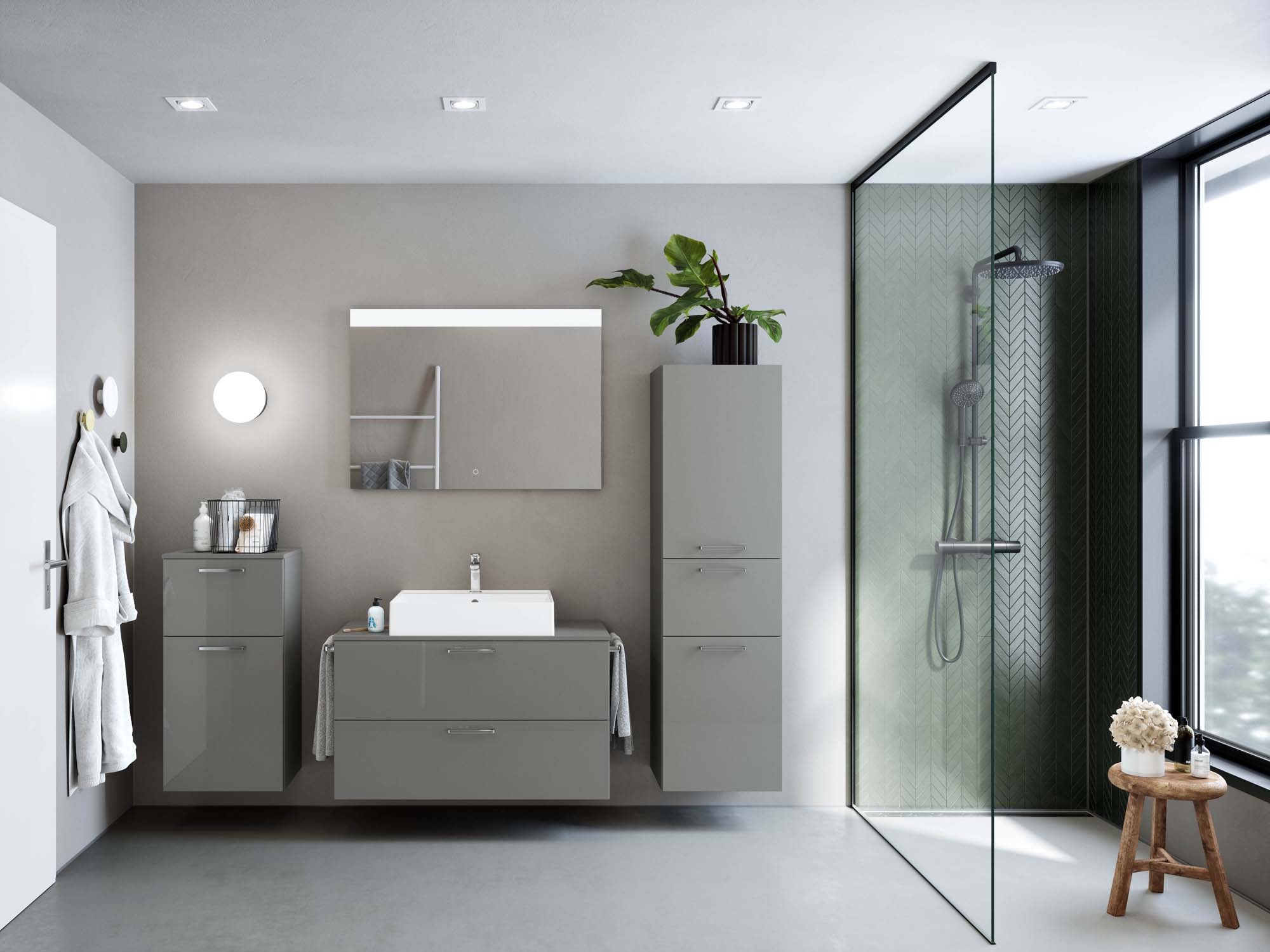 Badezimmermöbel-Set 3 Schränke grau mit Waschtisch und Spiegel nobilia 