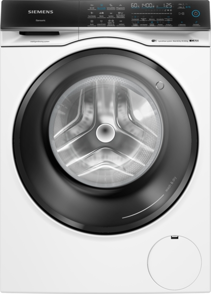 Siemens - Waschtrockner iQ700 | 10.5/6 kg | 1400 U/min. | WN54C2A40 Vorderansicht einer Siemens Waschmaschine mit digitalem Display und großer Trommel