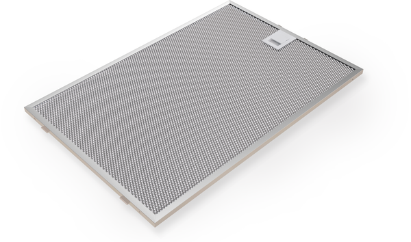 Freigestellte Ansicht eines feinmaschigen Metall-Fettfilters für Dunstabzugshauben mit praktischem Klick-Verschluss.