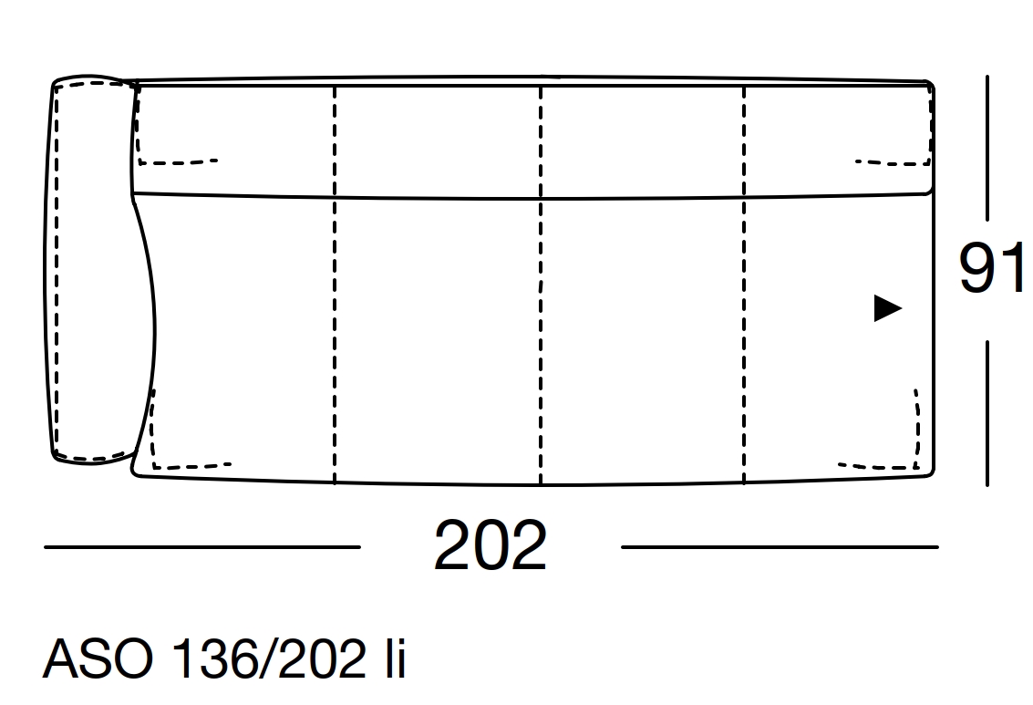 Maßzeichnung eines Sofaelements vor weißem Hintergrund freistil Rolf Benz 136