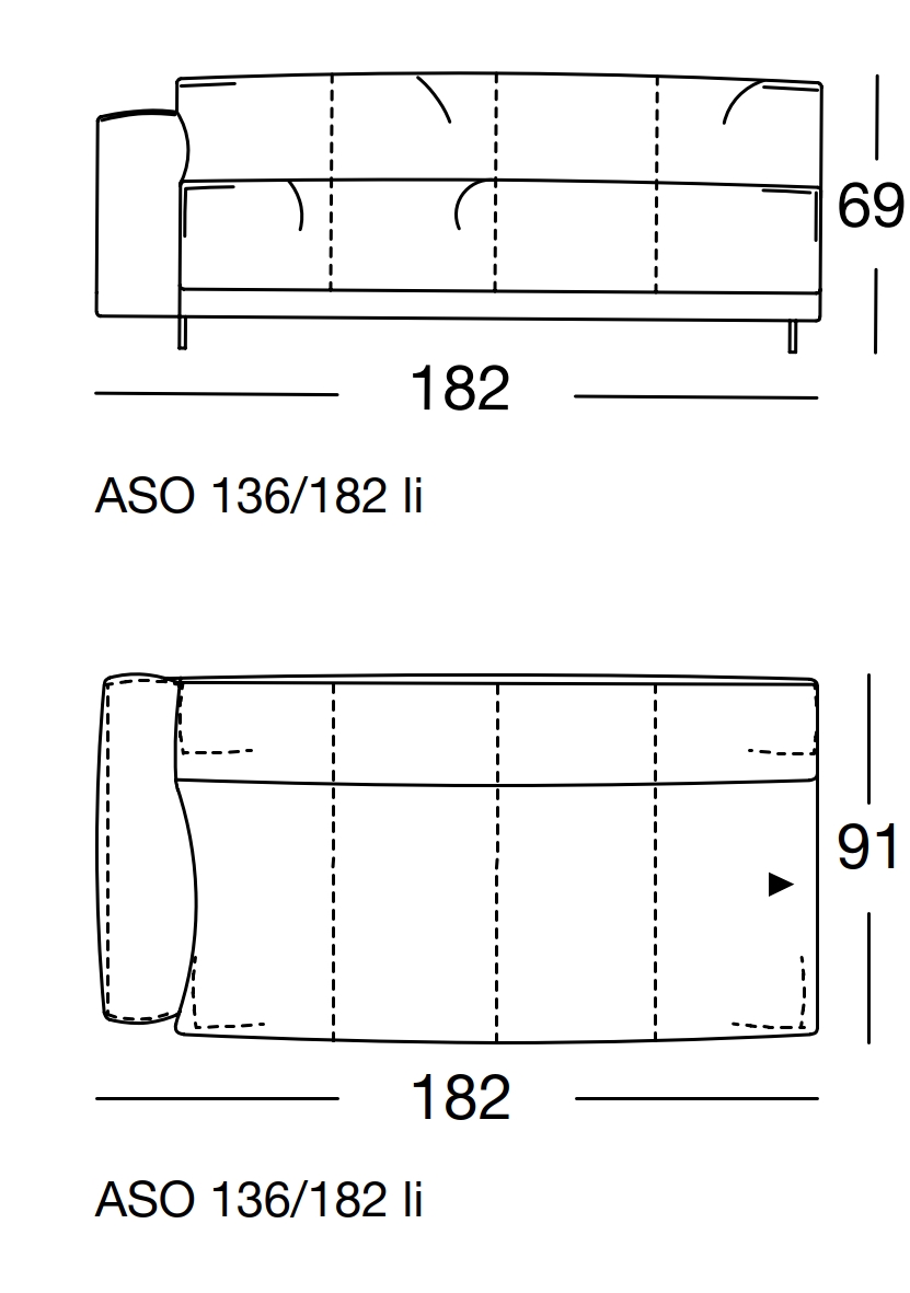 Maßzeichnung eines Sofaelements vor weißem Hintergrund freistil Rolf Benz 136