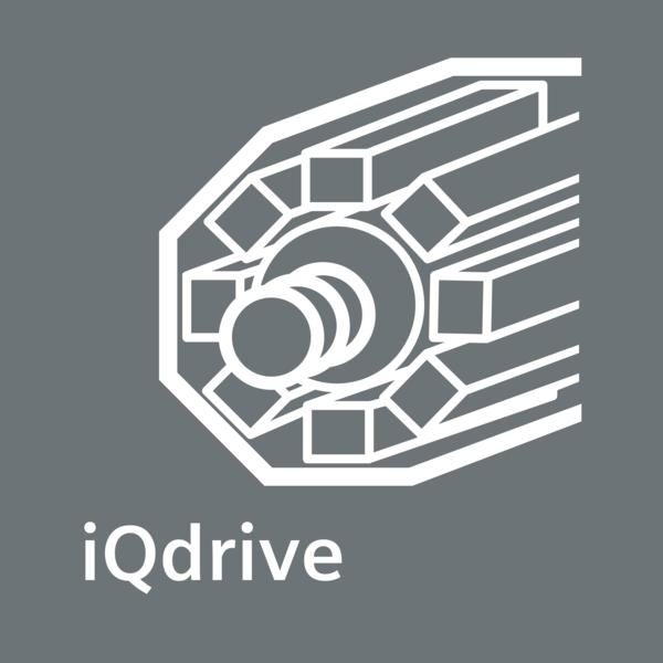 Grafische Darstellung eines iQdrive Motors auf grauem Hintergrund mit Text 'iQdrive'