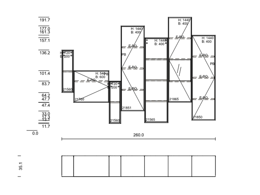 Technische Zeichnung eines Regals mit Höhen- und Breitenangaben sowie Fächeraufteilungen