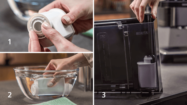 Eine dreiteilige Bildanleitung zeigt das Einstellen des Filters (1), das Wässern in einer Schüssel (2) und das Einsetzen in den Wassertank des Siemens Kaffeevollautomaten (3).