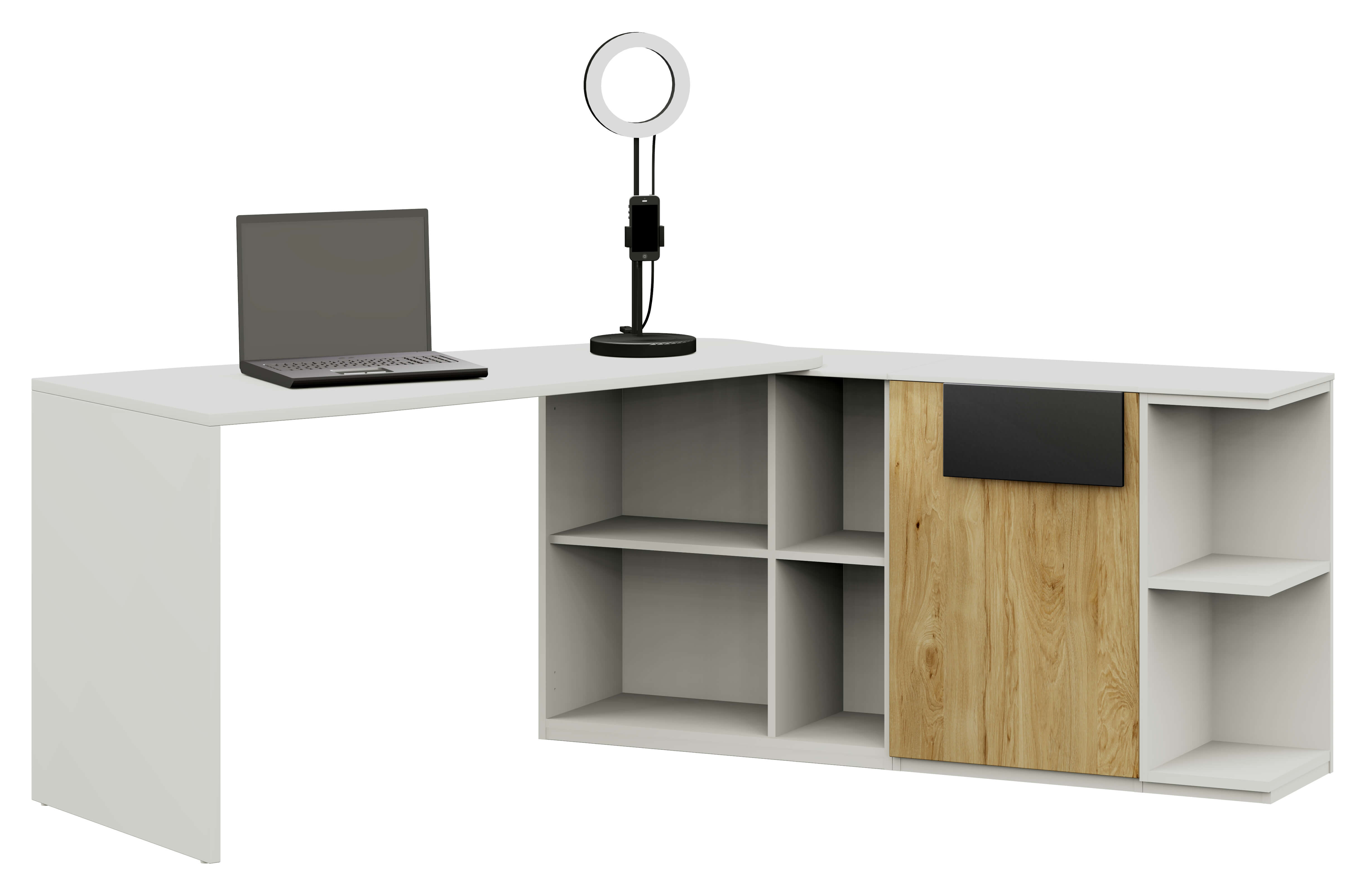 Röhr Bush. clip - Aufsatzschreibtisch mit Sideboard | B: 150,3 cm | weiß | Tür in Holzoptik Weißer Eckschreibtisch mit Laptop, runder Schreibtischlampe und Regalfächern, teilweise mit Holzelementen