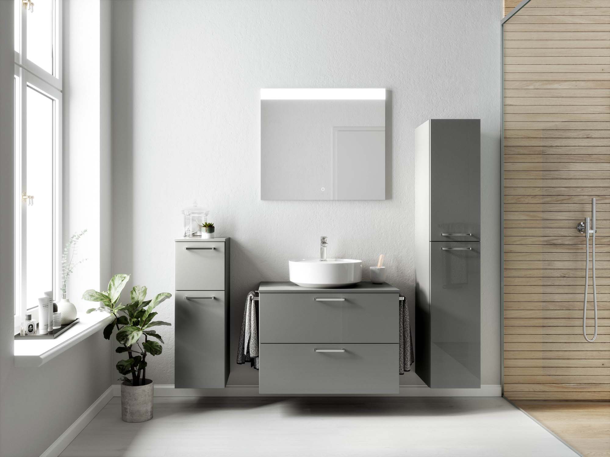 Badezimmermöbel-Set 3 Schränke grau mit Waschtisch und Spiegel nobilia 