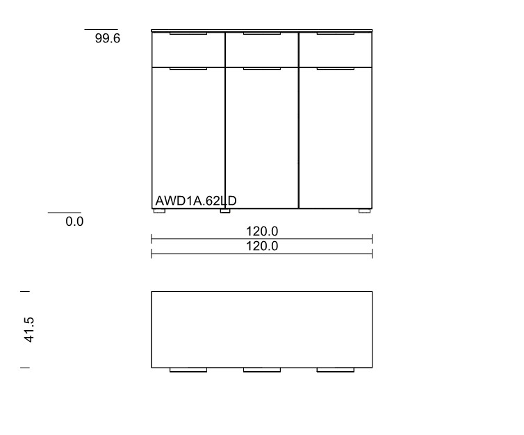 Maßzeichnung einer Kommode mit 3 Schubladen und 3 Türen vor weißem Hintergrund
