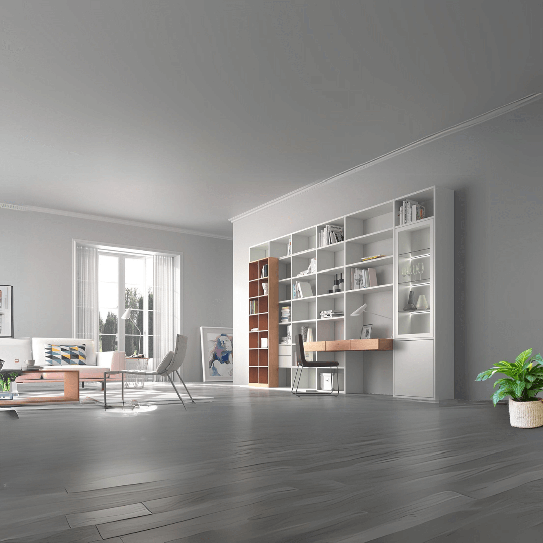 großes weißes Regal mit Arbeitsplatz aus Holz und einem AKzent aus Holz im Wohnzimmer