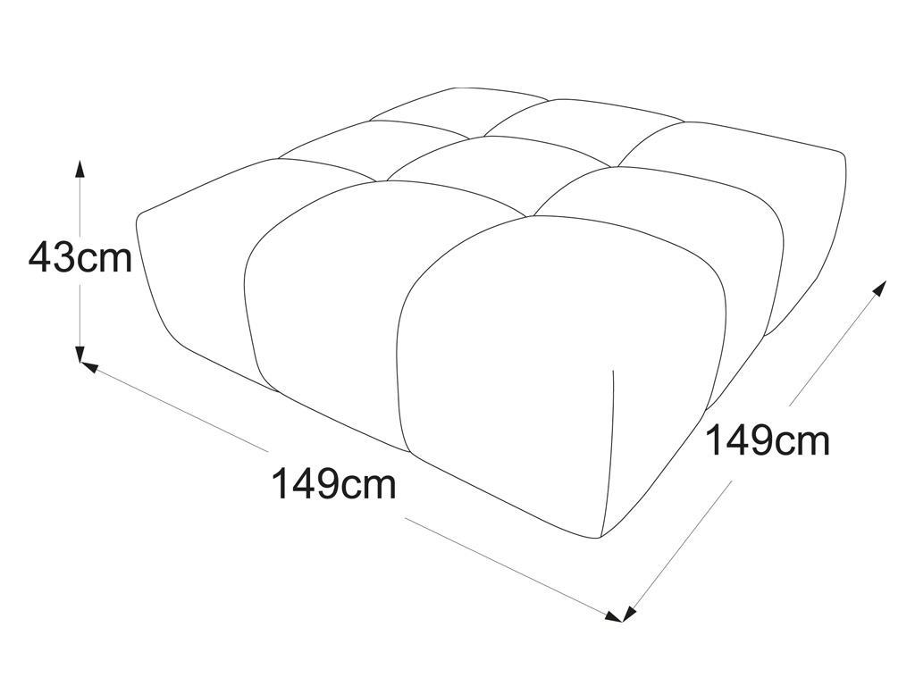 Schnittzeichnung eines quadratischen Polsters, Abmessungen: 149 cm Breite, 149 cm Länge, 43 cm Höhe