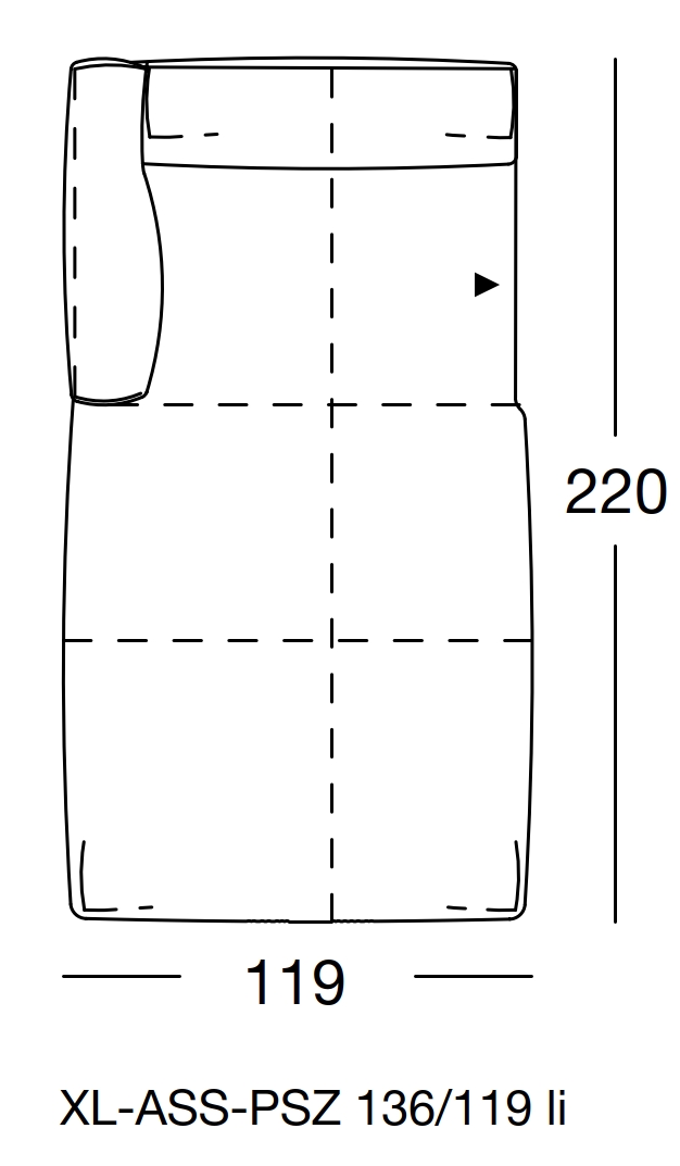 Maßzeichnung eines Sofaelements vor weißem Hintergrund freistil Rolf Benz 136