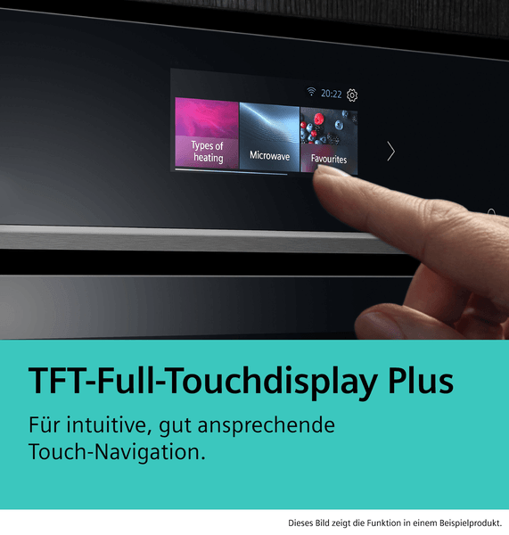 Nahaufnahme des TFT-Full-Touchdisplays eines schwarzen Siemens Backofens, das ein Rezeptbild von Brokkoli mit Garzeit-Einstellungen anzeigt.
