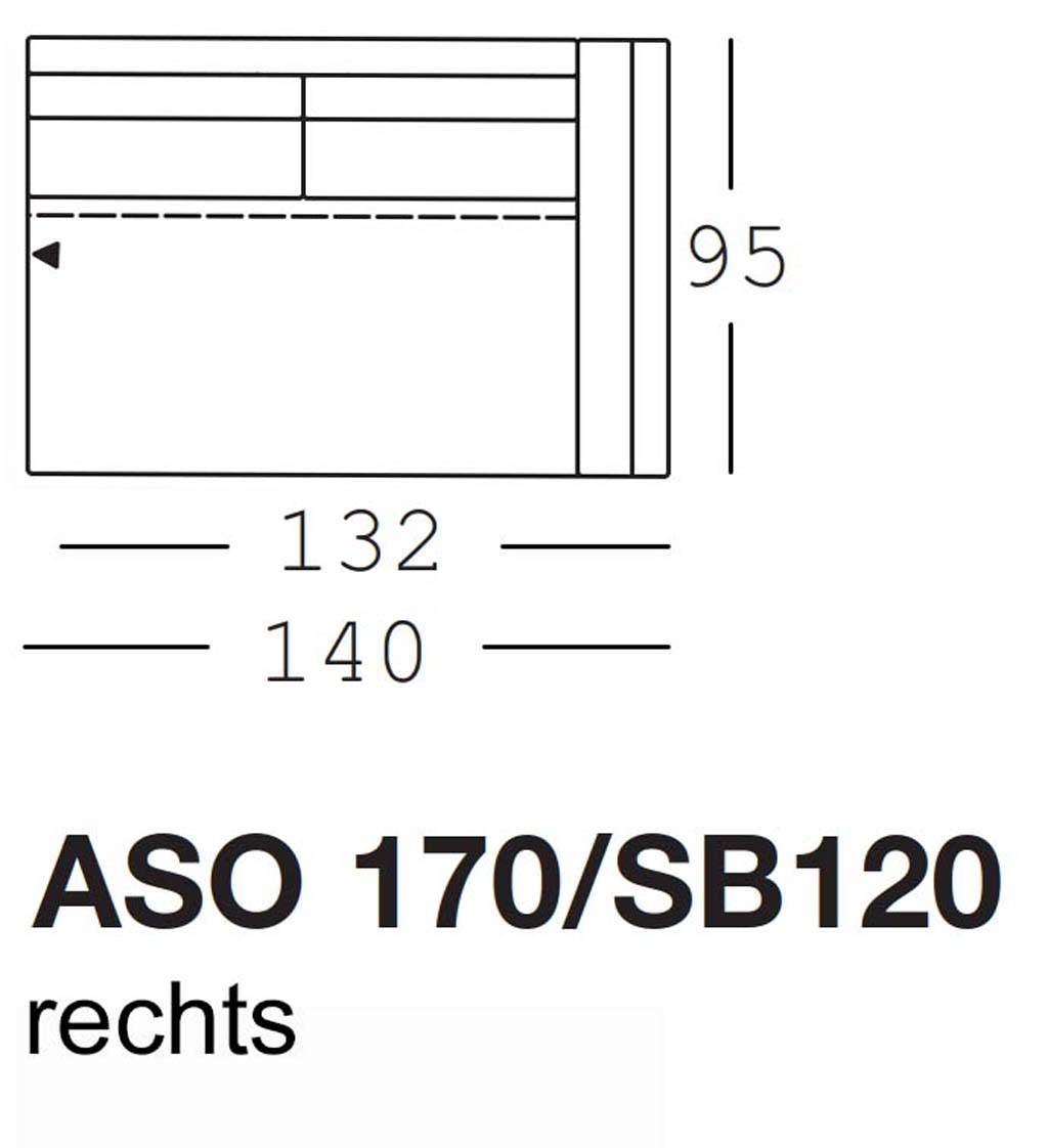 Maßzeichnung eines Sofaelements vor weißem Hintergrund freistil Rolf Benz 170