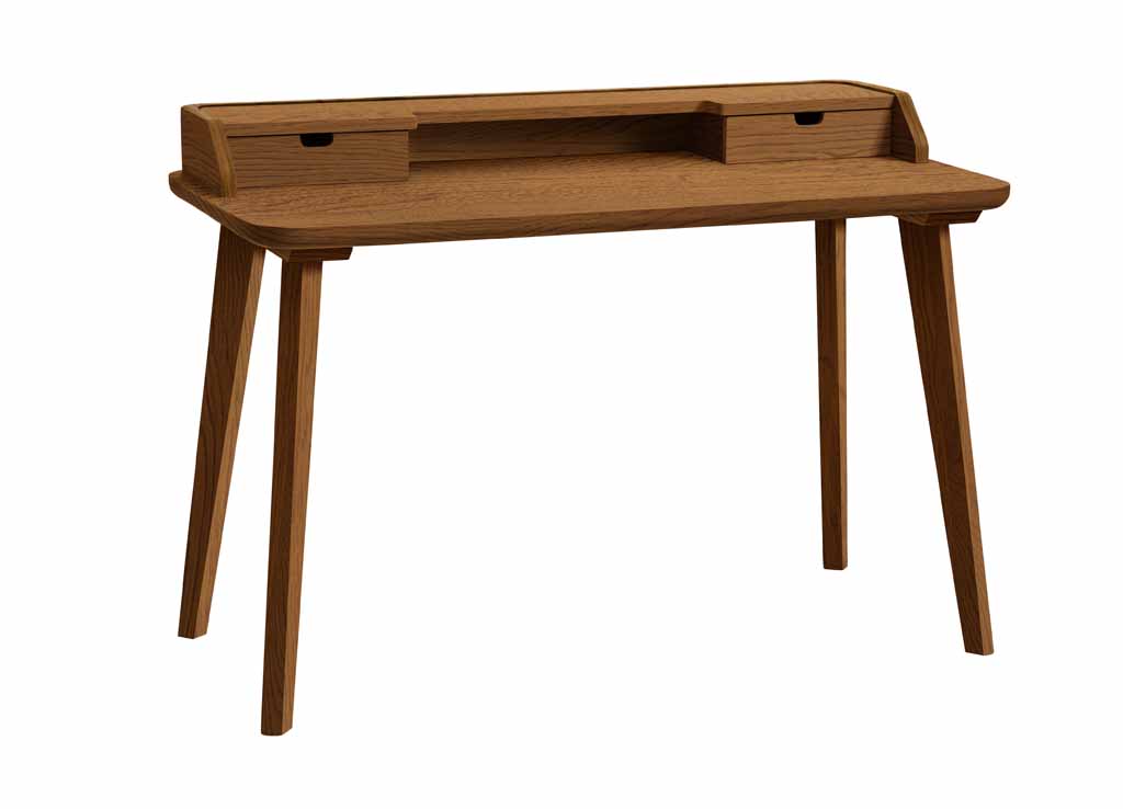 Ein stilvoller Holztisch mit schlanken Beinen und zwei kleinen Schubladen, ideal für Büros oder Wohnräume