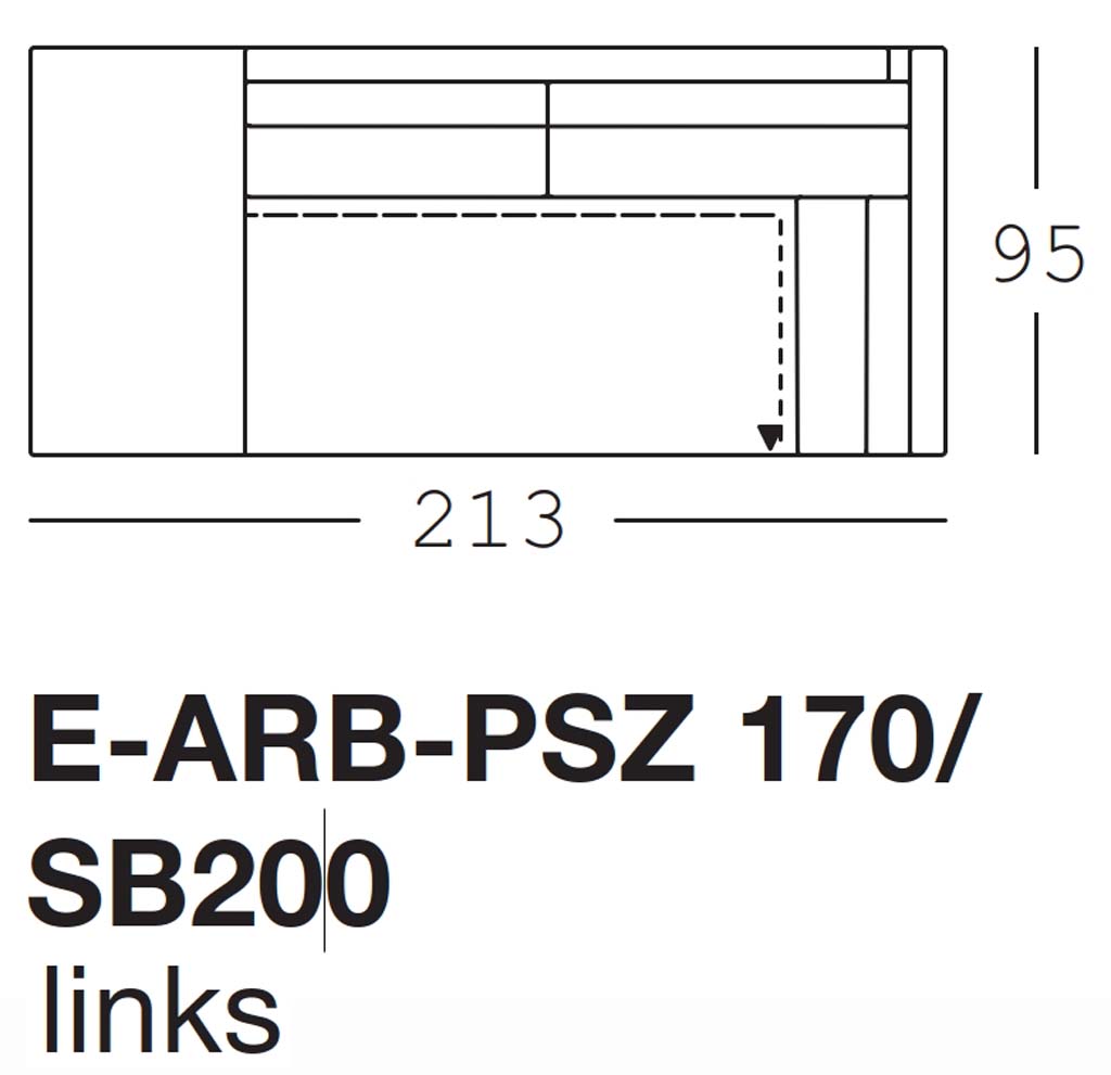 Maßzeichnung eines Sofaelements vor weißem Hintergrund freistil Rolf Benz 170