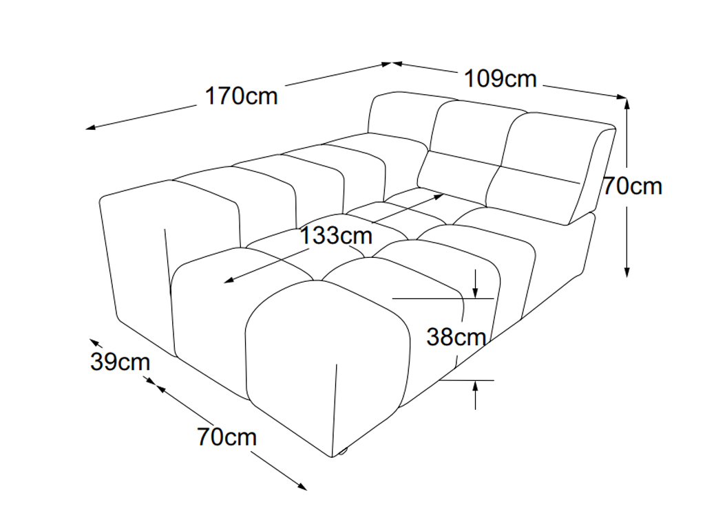 designwerk Temple - Longchair Armteil links | B: 109 cm | ohne Funktion | D021119 Maßzeichnung eines Sofaelements vor weißem Hintergrund designwerk Temple