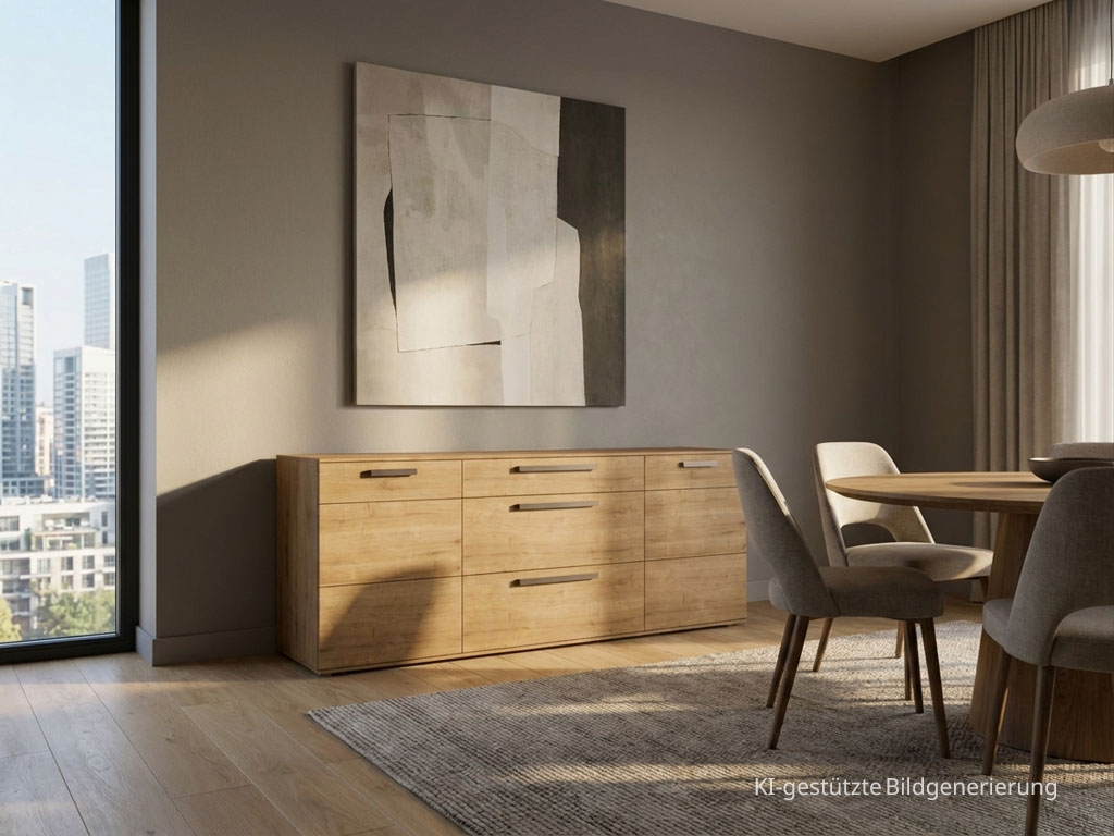 Modernes braunes Sideboards mit markanten Griffen stilvoll dekoriert in einem modernen Zimmer, Bild KI generiert
