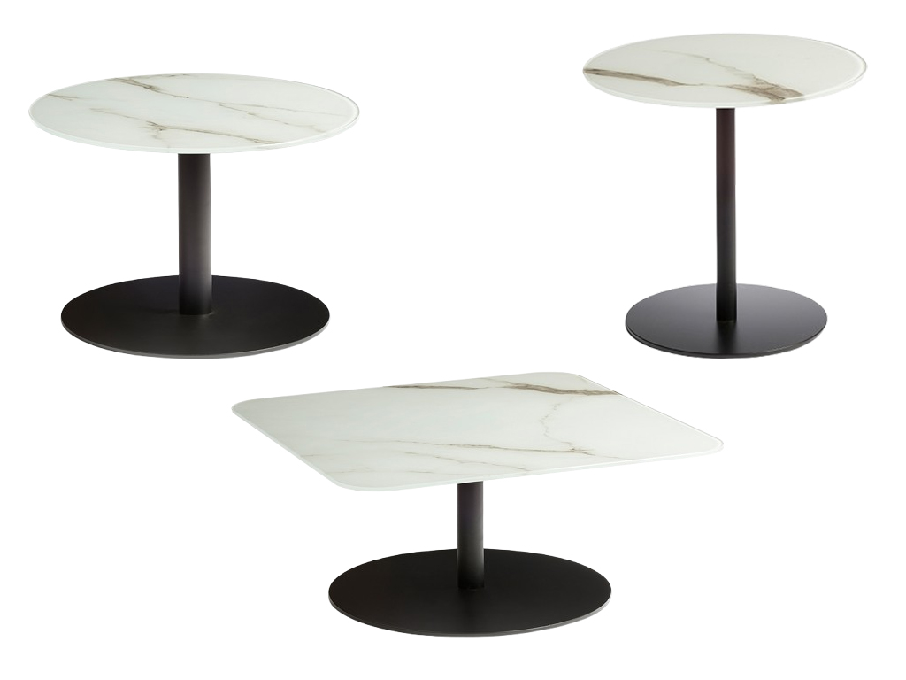 designwerk Tische - Couchtisch Center Leg | H: 40 cm Drei moderne Beistelltische mit Marmorimitat-Oberfläche und schwarzem Metallfuß, rund und quadratisch
