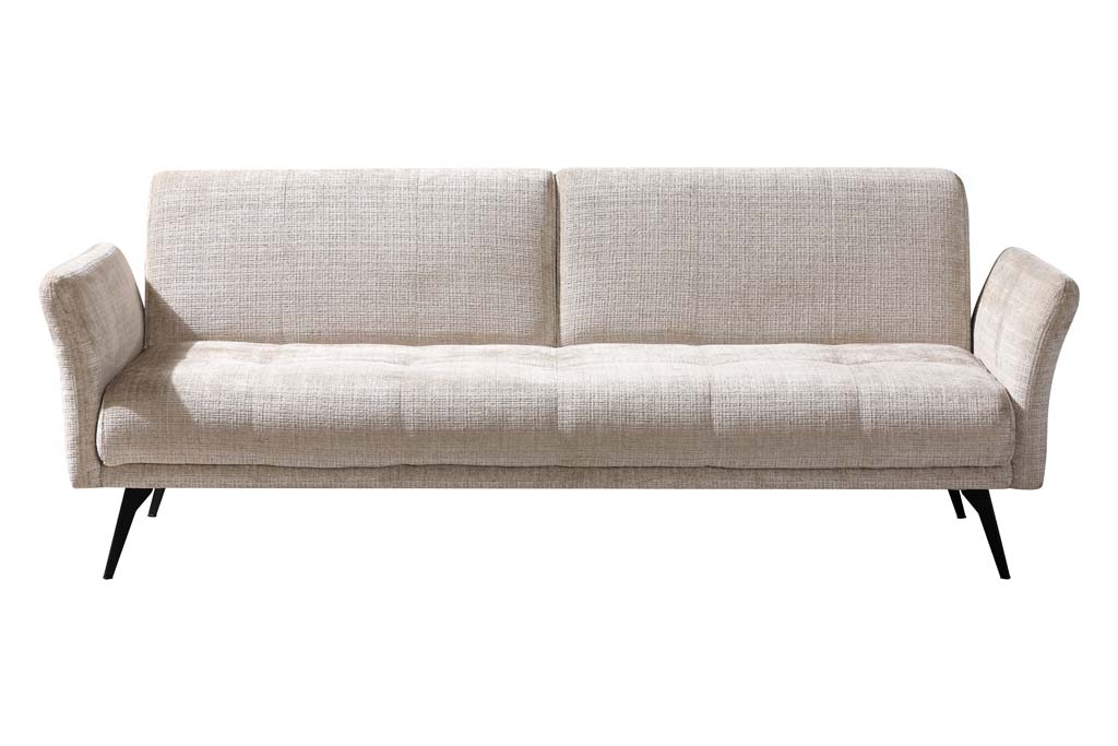 Ein elegantes, beige Dreisitzer-Sofa mit gemütlicher Polsterung und schwarzen Metallbeinen, ideal für modernes Wohndesign.