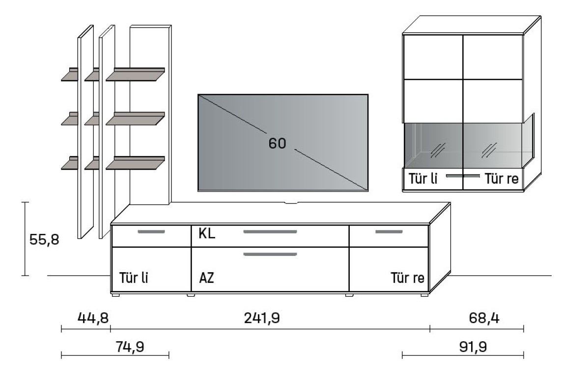 Maßzeichnung einer Wohnwandkombination vor weißem Hintergrund