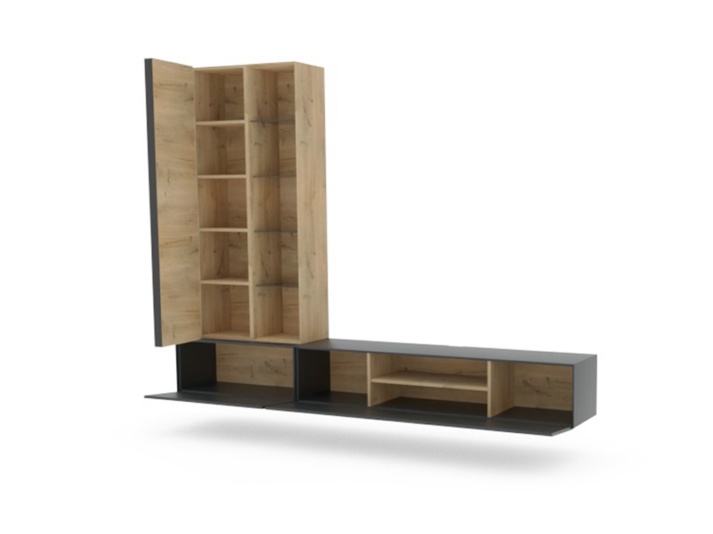 Wohnwand mit Holzregalen und Metallverkleidungen, bestehend aus einem hohen Schrank und einem niedrigen Regal.