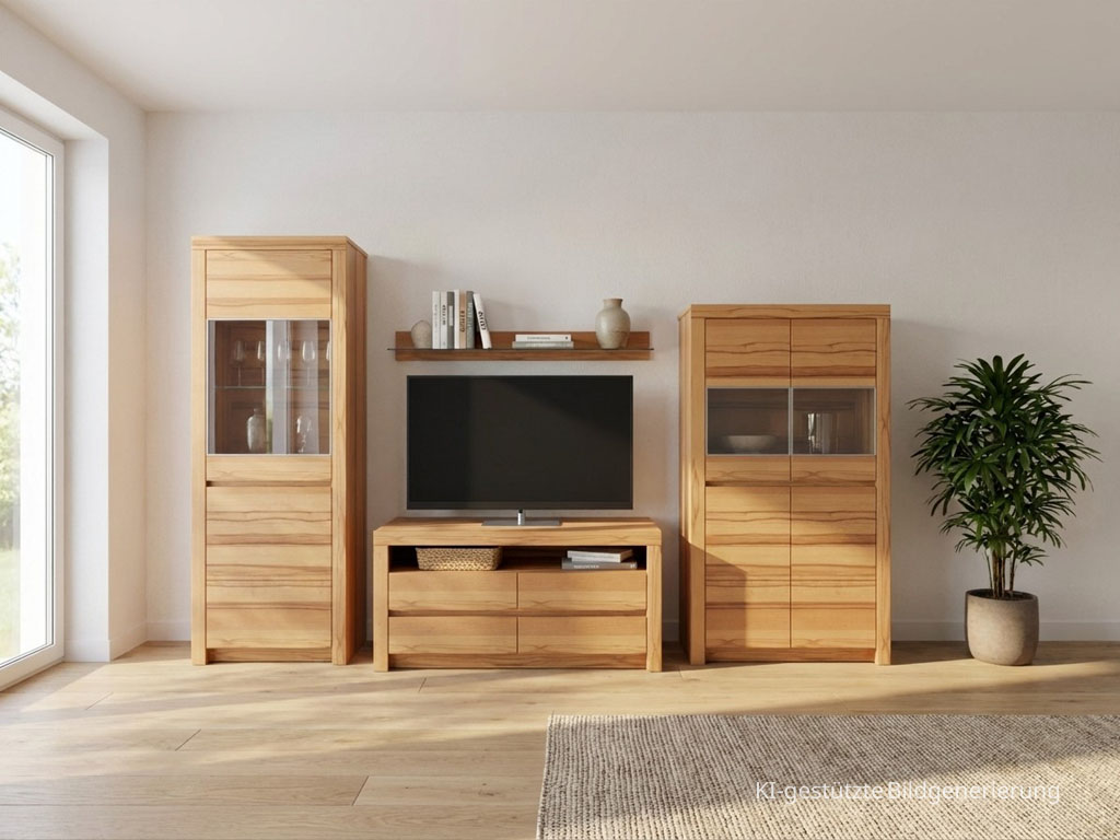 moderne braune Wohnwand stilvoll dekoriert in einem hellen Raum, Bild KI generiert