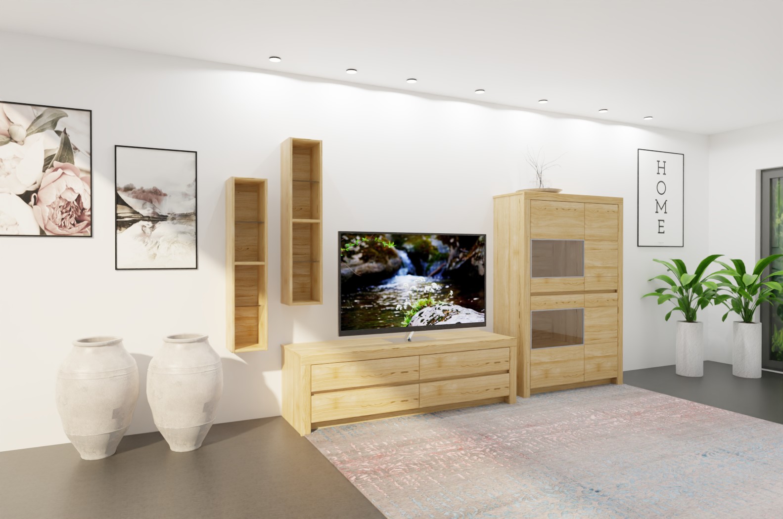 Wöstmann Soleo 3000 - Wohnwand, 4-teilig | Type 3008/3108| B: 339,5 cm | konfigurierbar Helles Wohnzimmer mit Holzmöbeln, Wandbildern, Pflanzen und dekorativem Teppich