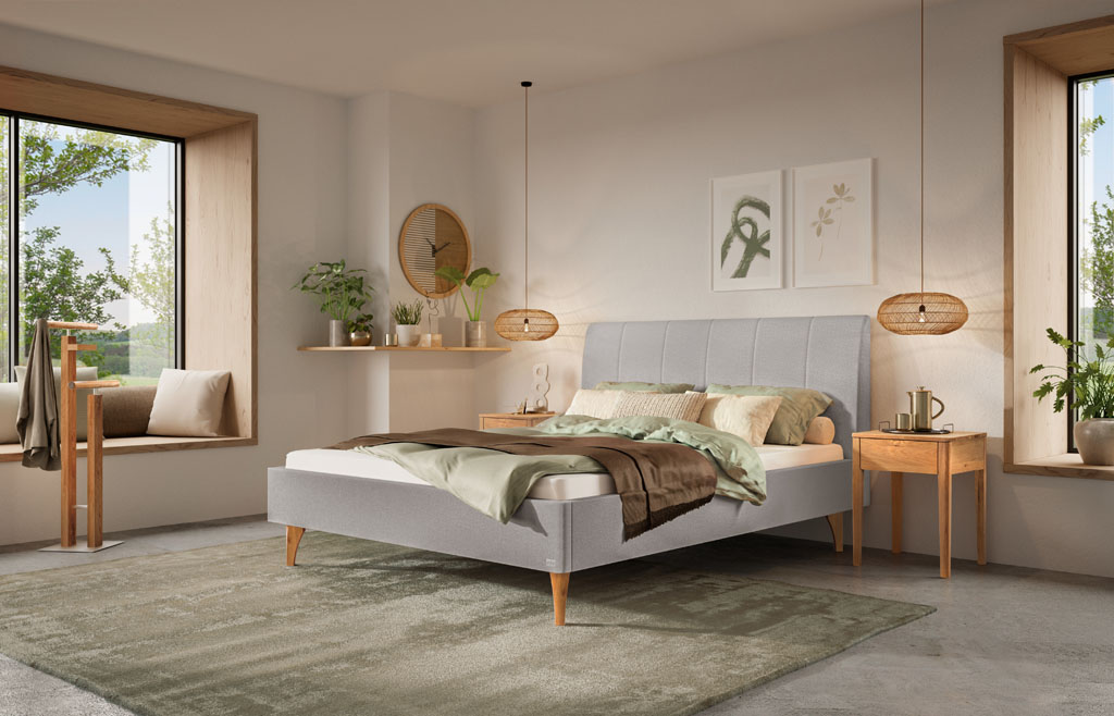 Modernes Schlafzimmer im skandinavischen Stil mit hellem Polsterbett und Holzakzenten (KI-generiert)