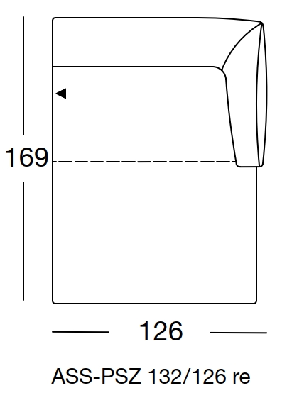 freistil Rolf Benz 132 - Abschlusssessel mit Polstersitz rechts | B: 126 cm | ASS-PSZ 132/126re Maßzeichnung eines Sofaelements vor weißem Hintergrund freistil Rolf Benz 132