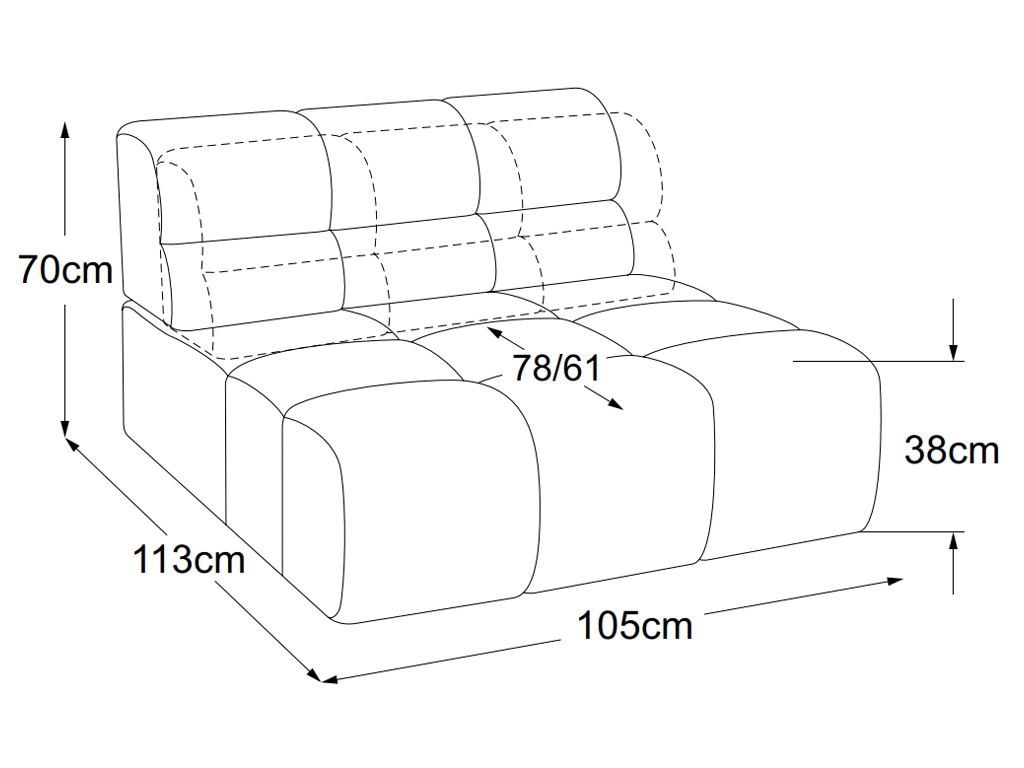 designwerk Temple - Element 105 ohne Armteil | B: 105 cm | mit Rückenverstellung | D021117 Maßzeichnung eines Sofaelements vor weißem Hintergrund designwerk Temple