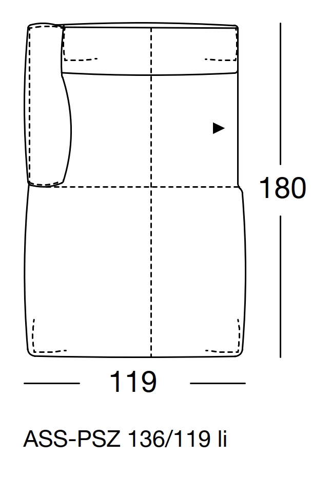 Maßzeichnung eines Sofaelements vor weißem Hintergrund freistil Rolf Benz 136