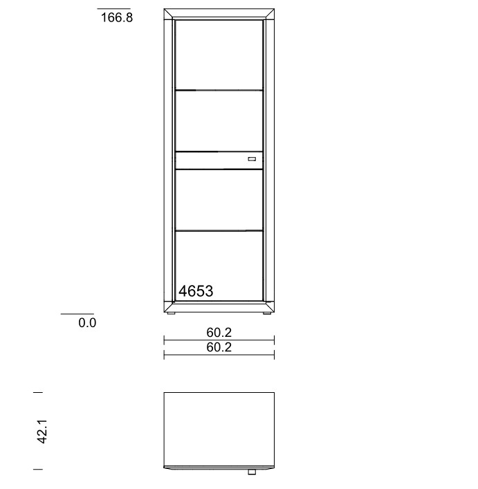 Technische Zeichnung eines modernen Schranks mit den Maßen 166,8 cm Höhe, 60,2 cm Breite und 42,1 cm Tiefe. Der Schrank hat mehrere Fächer und eine Schublade.