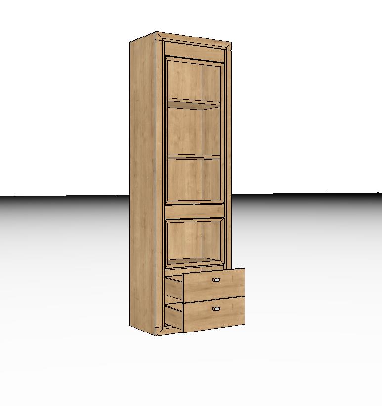 Ein moderner Holzschrank mit mehreren Regalfächern und zwei Schubladen, geeignet für Wohn- oder Büroräume.