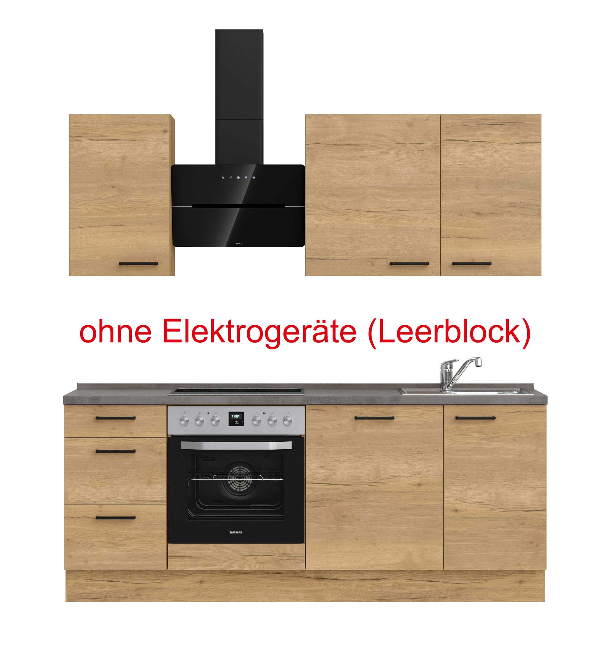 küchenzeile braun, grau mit Backofen, Herd, Dunstabzugshaube, Waschbecken, Armatur mit Hinweistext ohne Elektrogeräte (Leerblock) nobilia structura