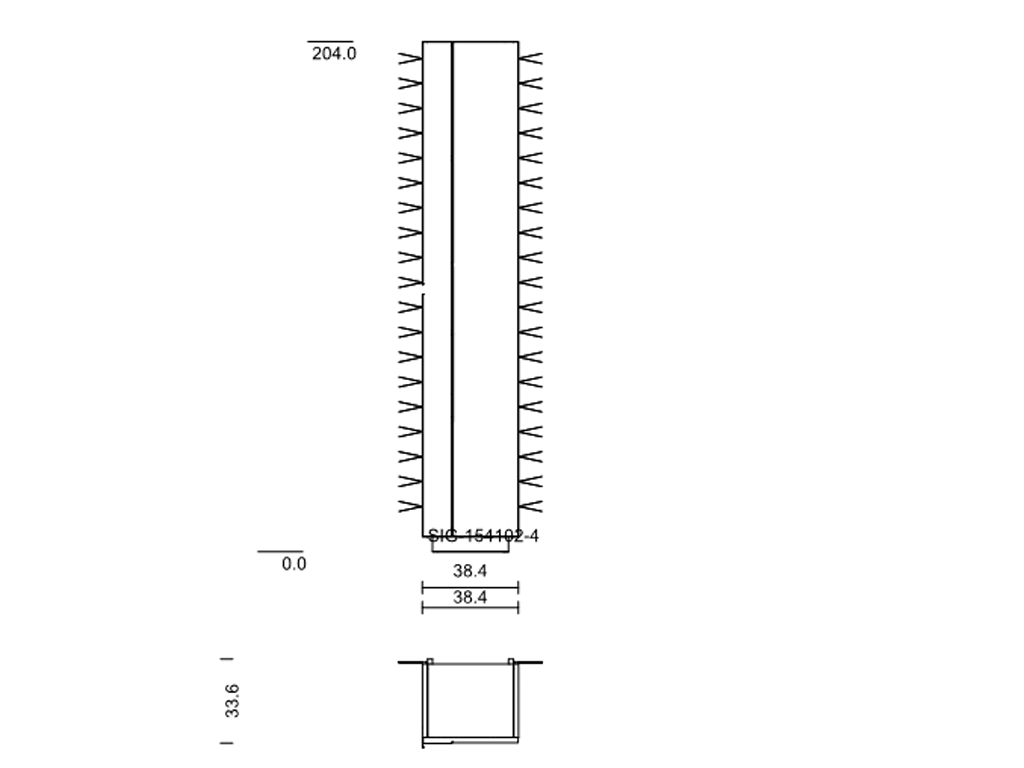 Technische Zeichnung eines elektronischen Bauteils mit spezifischen Maßen, einschließlich Länge, Breite und Details der Stifte