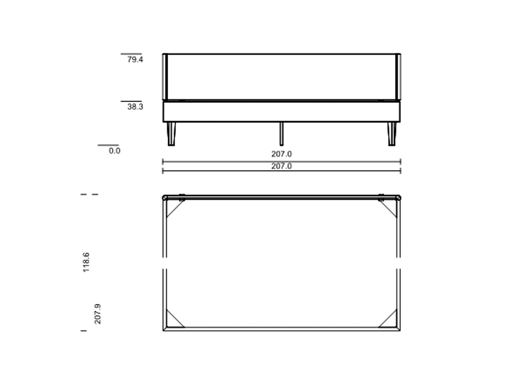Seiten- und Draufsicht einer technischen Zeichnung eines Sofas mit Maßangaben in Zentimetern