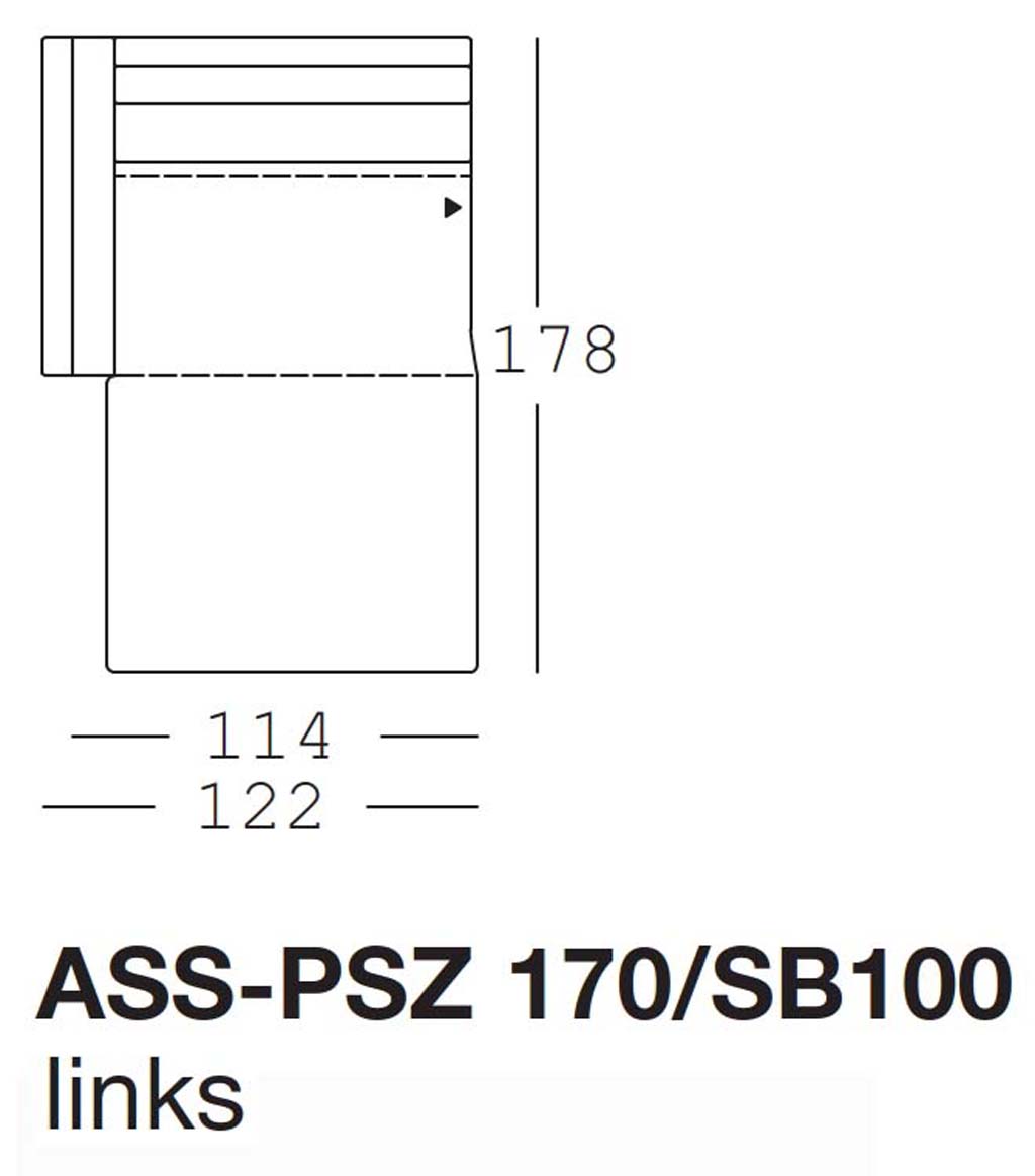 Maßzeichnung eines Sofaelements vor weißem Hintergrund freistil Rolf Benz 170