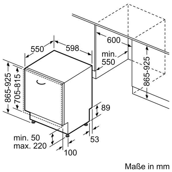 Technische Zeichnung mit den Einbaumaßen des vollintegrierten Geschirrspülers in Millimetern. Wichtige Maße sind: Breite 598 mm, Einbauhöhe 865-925 mm und Einbautiefe min. 550 mm.