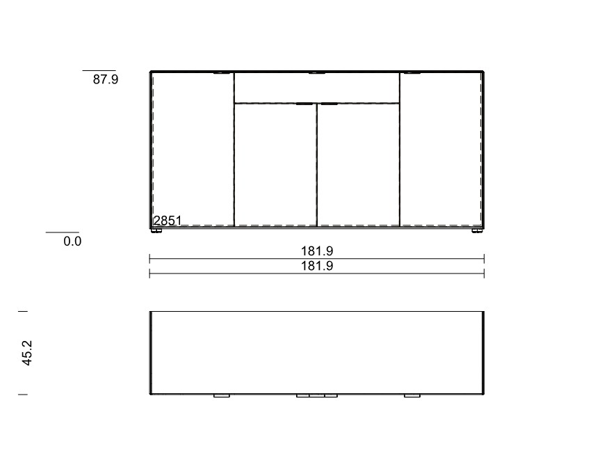 Maßzeichnung eines Sideboards vor weißem Hintergrund