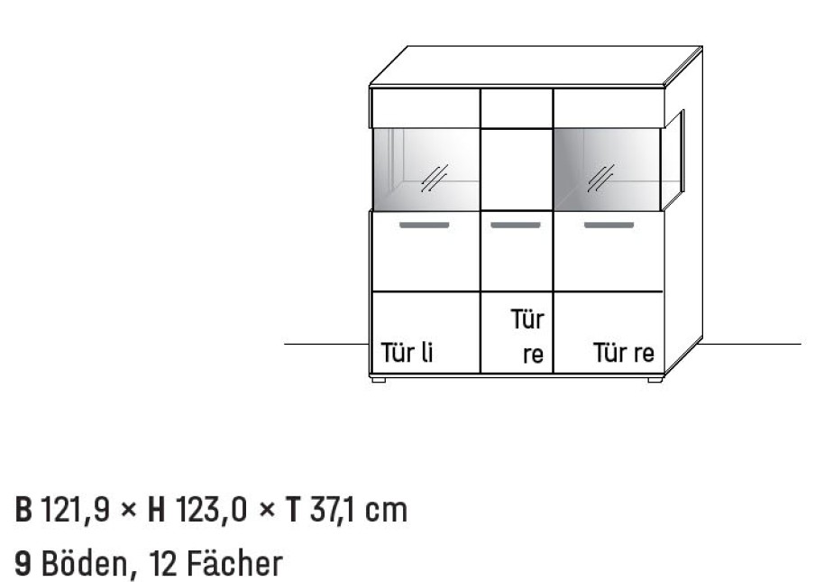 Illustration eines Highboards mit Maßangabe und Bezeichnung vor weißem Hintergrund