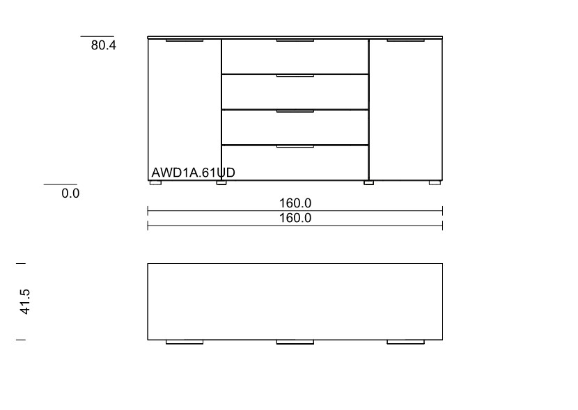Maßzeichnung einer Kommode mit zwei Türen und vier Schubladen vor weißem Hintergrund